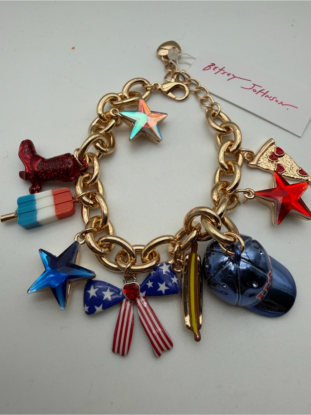 Betsey Johnson Gold-Tone Charm Bracelet with Red, Blue and White Accents